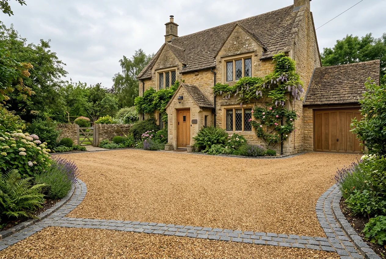Golden gravel driveway with sett edging before a gritstone cottage